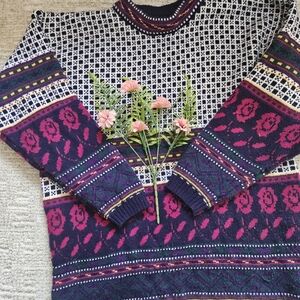 Navy and Pink Patterned Women's Turtleneck Sweater